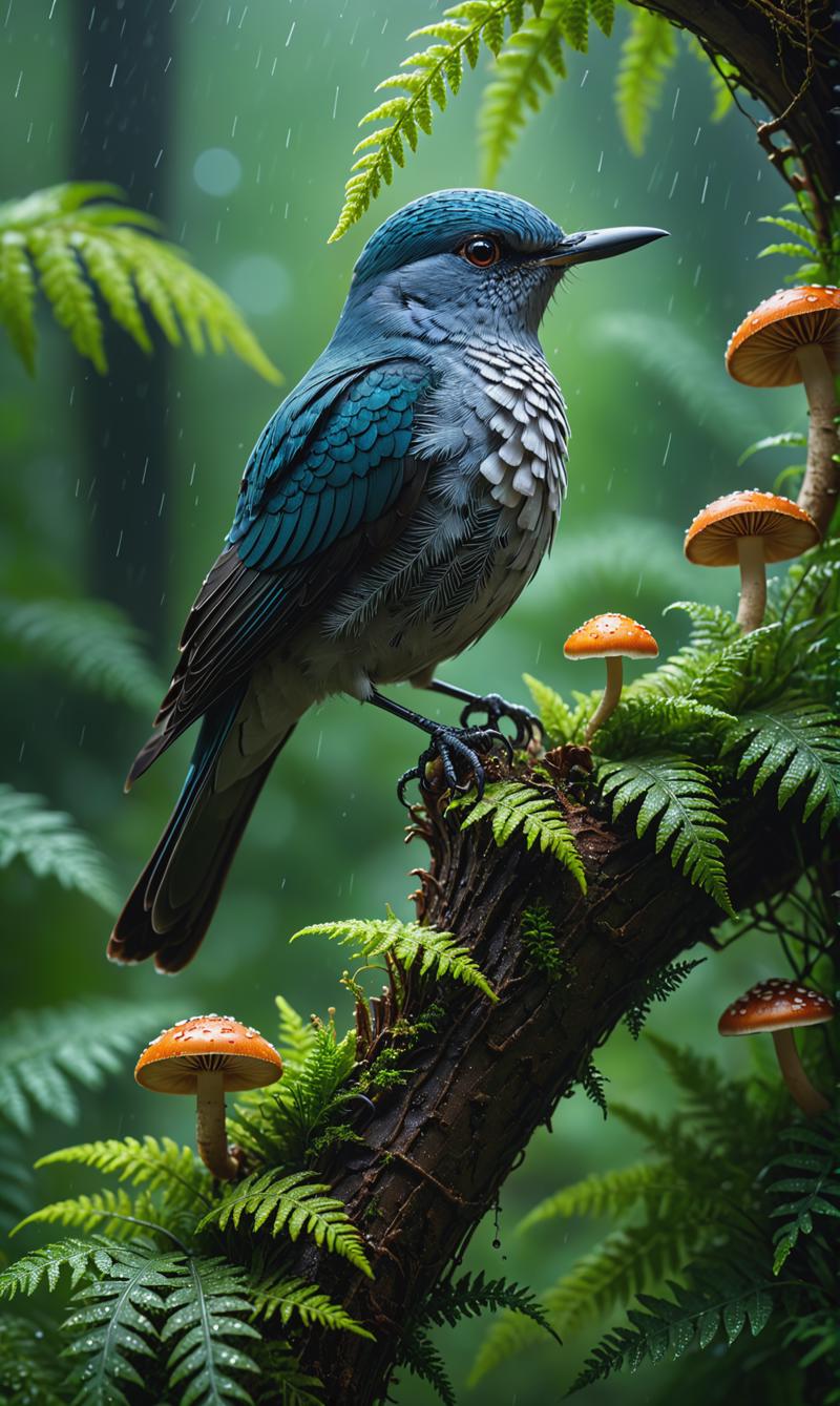 00630-148553943-A small cuckoo bird perched on top of a tree with beautiful ferns and mushrooms and flowers, on a rainy summer morning, in a tro.png